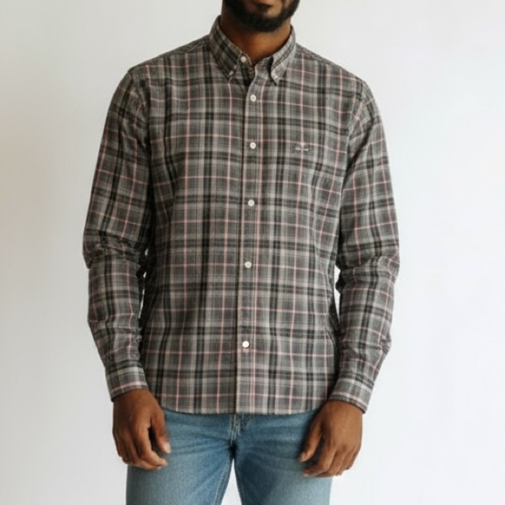GANT Men's Regular Fit Flannel Dark Gray Pink Black Plaid Shirt | Size 17.5 XL